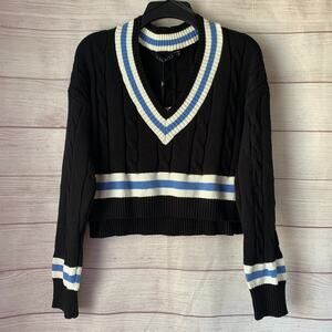 Balboa Fashion Cable Knit Tennis Sweater Black Blue Striped Crop With Tag Size L